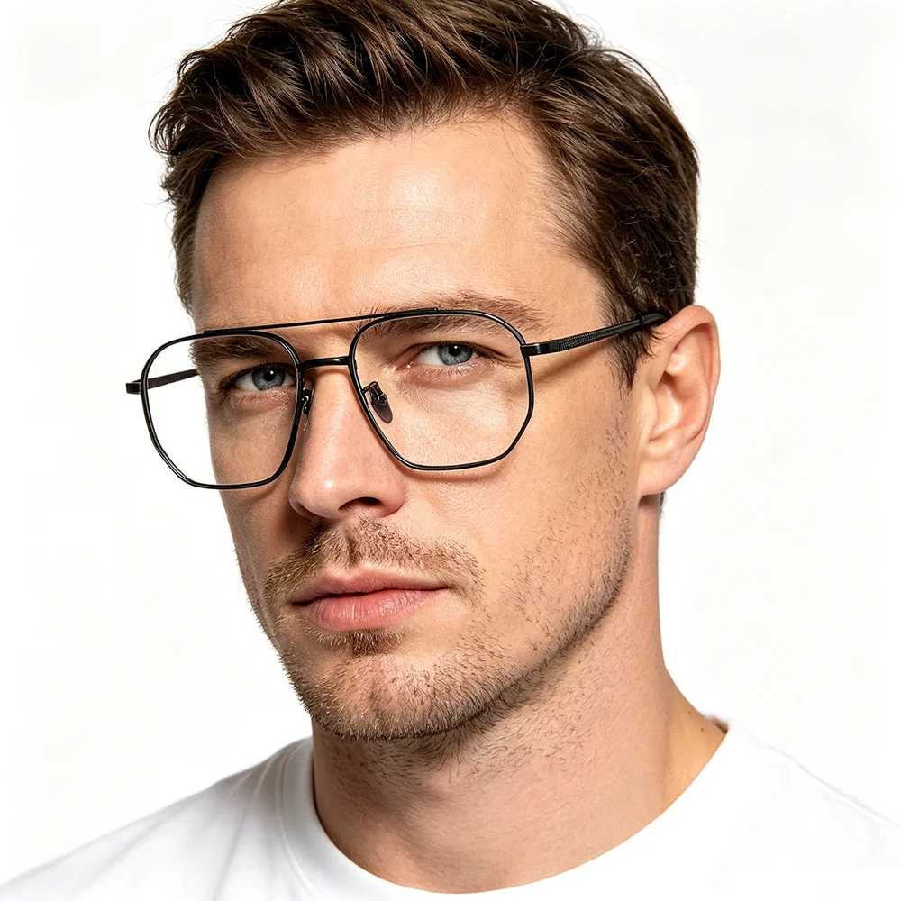 

YONGLAN Brand Pure Titanium IP Electroplating Glasses Men Ultralight Double Bridge Pilot Eyeglasses Women Large Size Frame