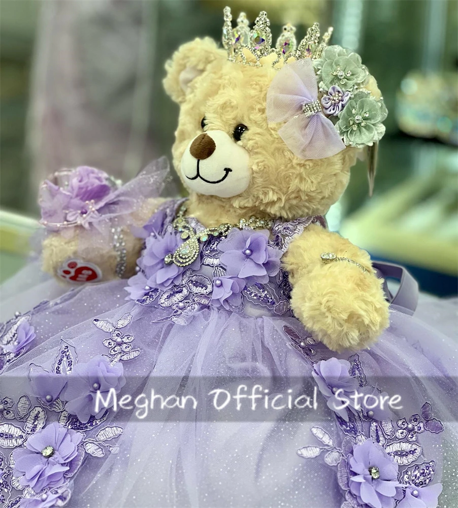 Luxe Paarse Speciale Link Lieverd Gepersonaliseerde Quinceanera Teddybeer Jurken Cape Kralen 3D Bloemen Mini Aangepast