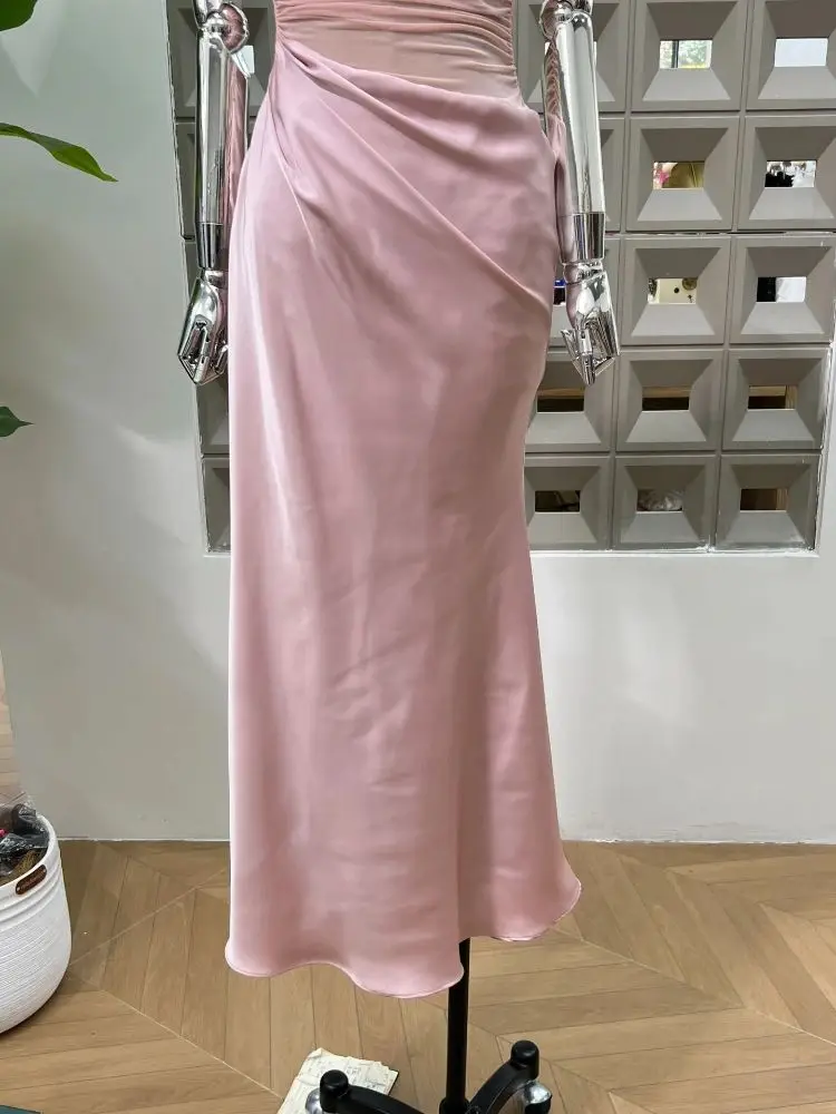 신상 여성 우아한 핑크 섹시 홀터 백리스 메쉬 시스루 파티 드레스 생일 연예인 이브닝 프롬 웨딩 드레스