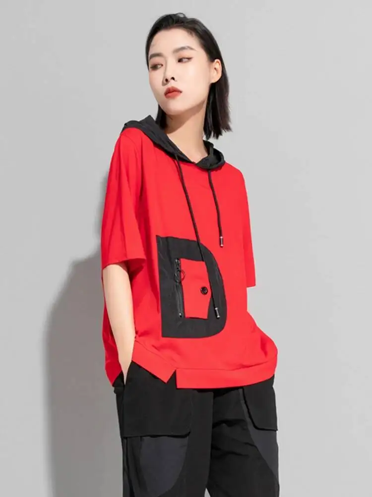 

Women Black Color-block Big Size Drawstring T-shirt Hooded New Half Sleeve Loose Fit Fashion Spring Autumn