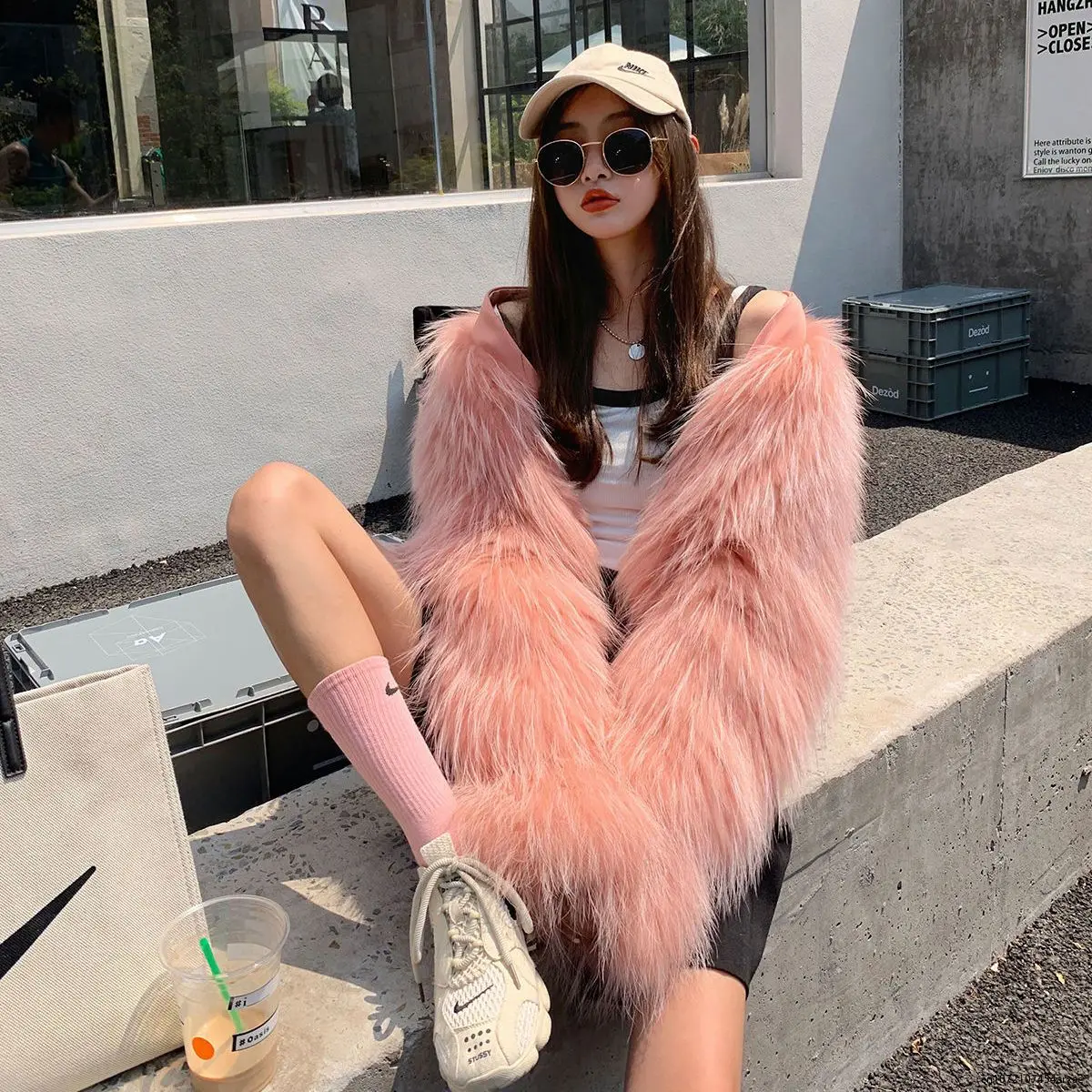 Women Autumn Winter Imitation Fox Fur Fur Fluffy Coat High Waist V-Neck Furry Bomber Jacket Zipper Cardigan Flocking Streetwear