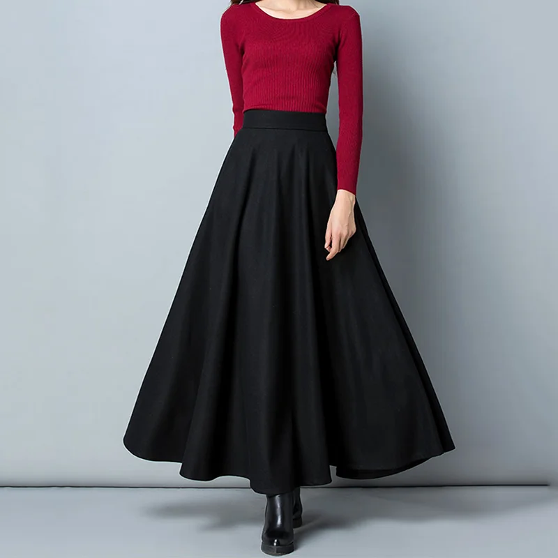 Jupe trapèze longue en laine pour femme, jupes longues monochromes, streetwear tout assressenti, taille haute, vintage, chaud, optique, femme, automne, hiver