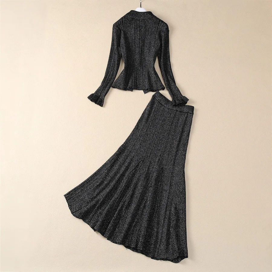 ZJYT Autumn Winter Knitted Suit Sweater and Long Mermaid Skirt Set 2 Pieces Womens Outfit Elegant Luxury Black Party Dress Sets