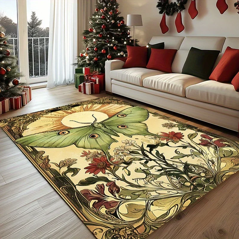 Magic Stars and Moon Christmas Carpet Crystal Velvet, Festive Moth & Floral Design,  Polyester, Soft & Durable