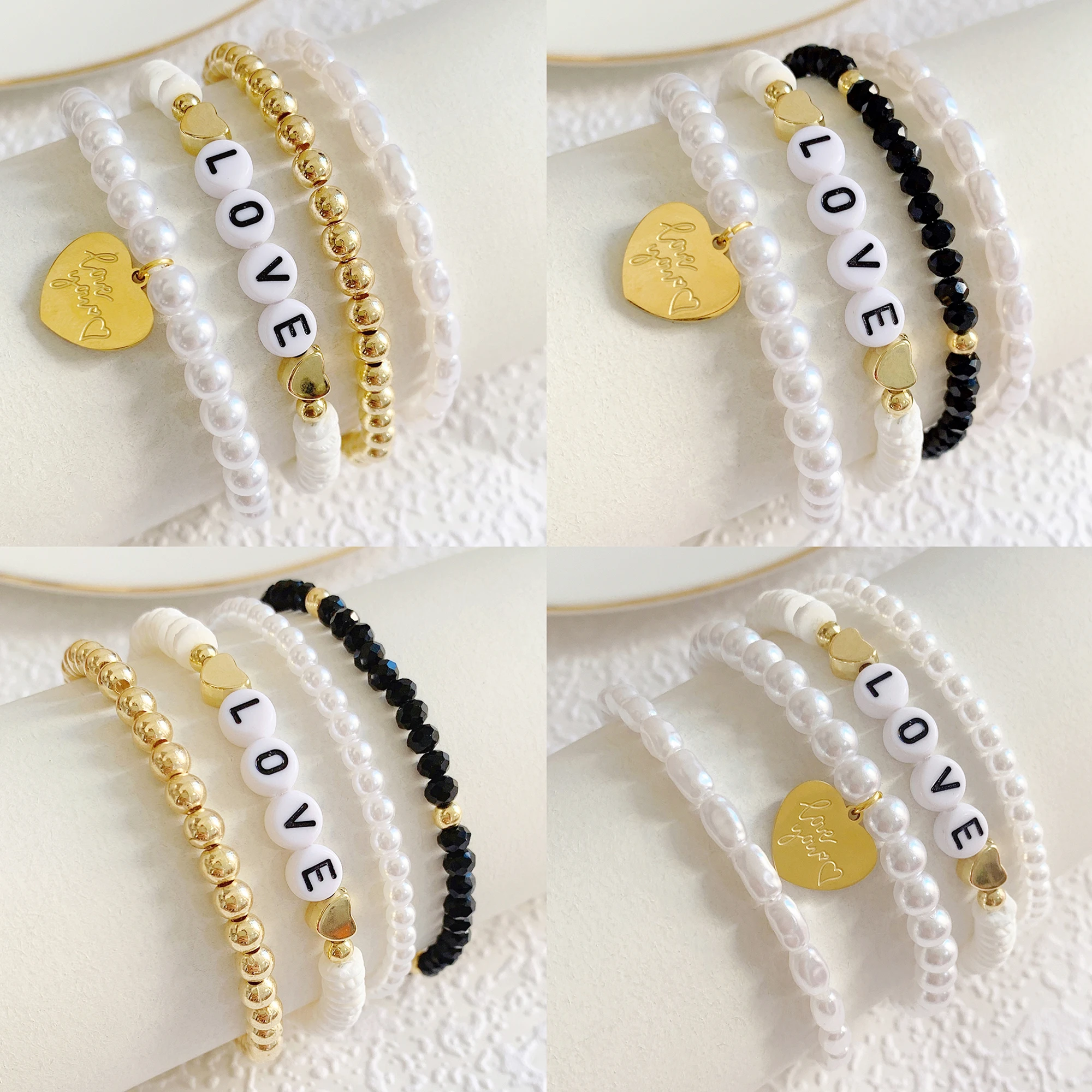 MeMolissa 4pcs/set Fashion Letters LOVE Heart Bracelet for Women Gorgeous Imitated Pearl Shell  Beaded Bracelets Summer Gifts