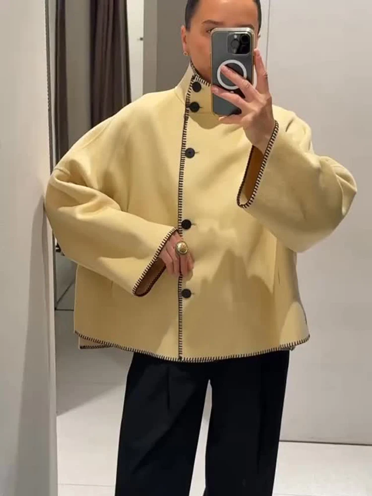 HH 2025, Mode Frau Jacken Casual Lose Dünne Mantel Herbst Elegante Frauen Langarm Rollkragen Einreiher Design Mantel