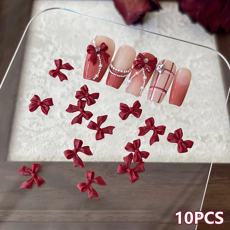 10pcs Bow Resin Nail Art Decoration Claret 3D Long Ribbon Bowknot Ornament Nail Charm Jewelry Design Kawaii DIY Accessories