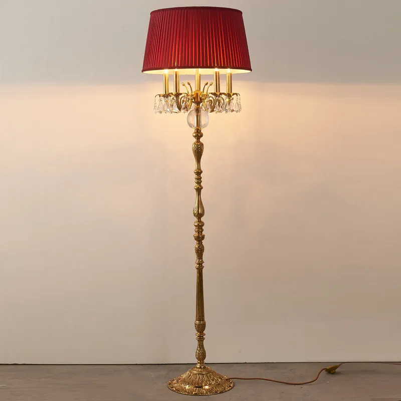 French floor lamp European retro atmospheric villa high-end club living room lamp bedroom lamp crystal all copper floor lamp