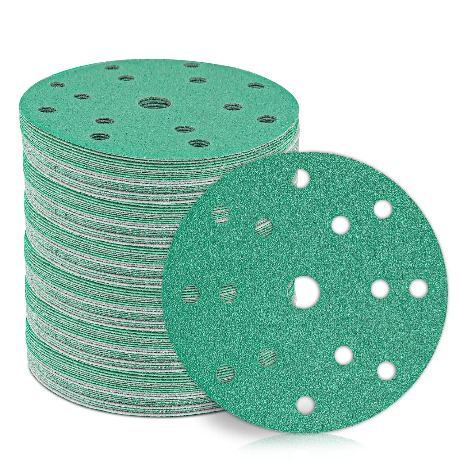 150mm Sanding Discs 50pcs Hook and Loop 15 Hole Green Film,Heavy Duty Hook and Loop Sandpaper,for Random Orbital Sander Pads