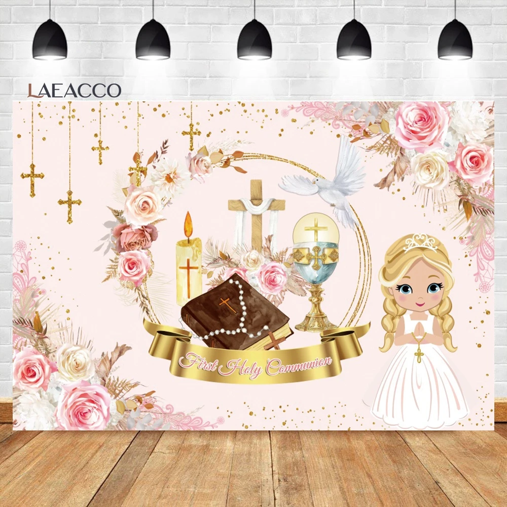 Laeacco First Holy Communion Backdrop Pink Florals Chalice Doves God Bless Baptism Kids Portrait Custom Photography Background