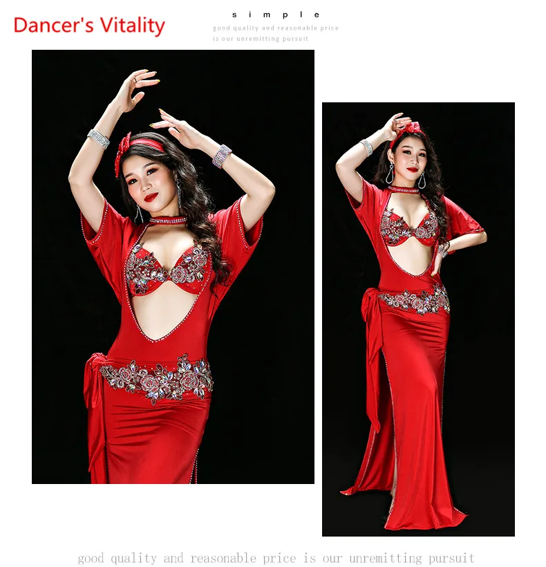 Ropa de rendimiento folclórico de danza del vientre para mujer, sujetador, bata, diadema, cinturón y calzoncillos, traje de baile, 4 piezas, nuevo