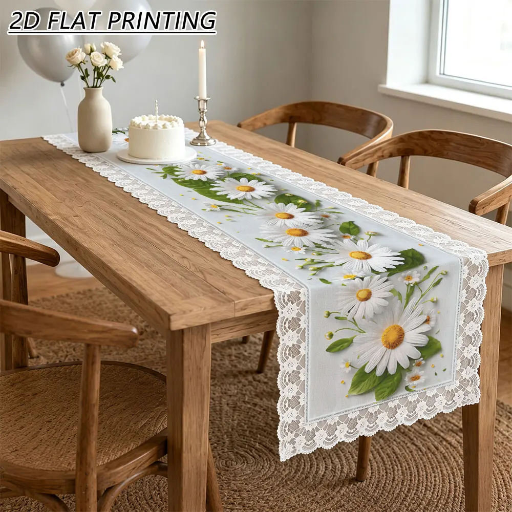 1pc White Daisy Floral Pattern Tulle Lace Table Runner For Home Wedding Bridal Shower Decor