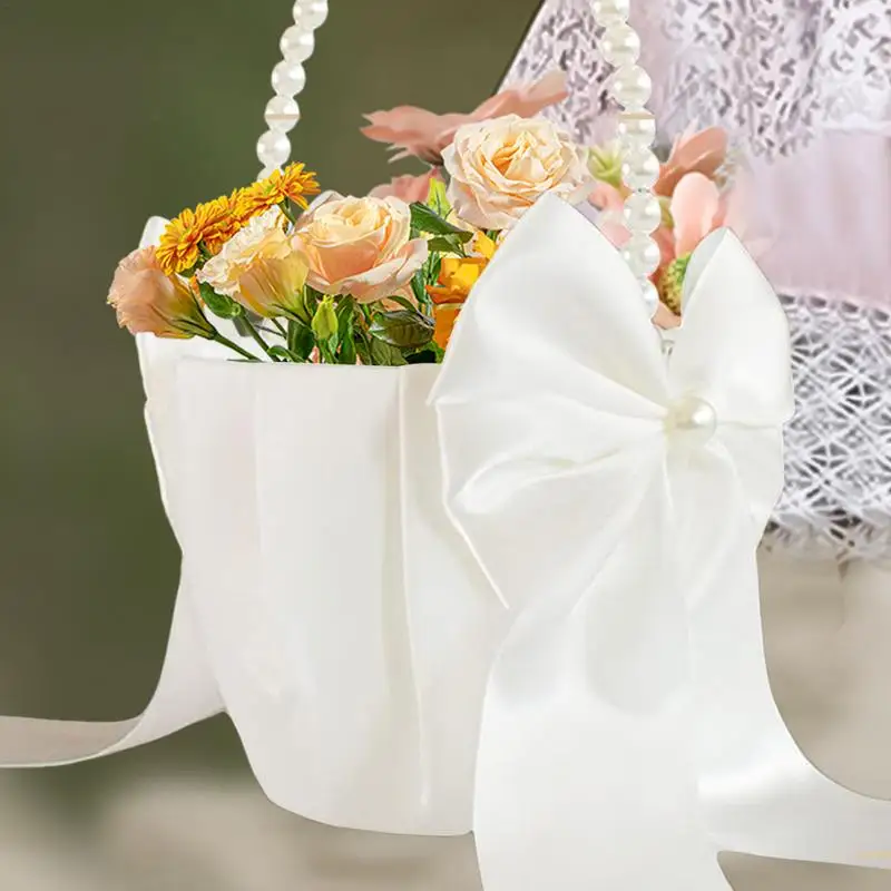 Wedding Flower Basket Pearl Beaded Handle Flower Basket Foldable Rustic Western Wedding Activity Satin Flower Basket