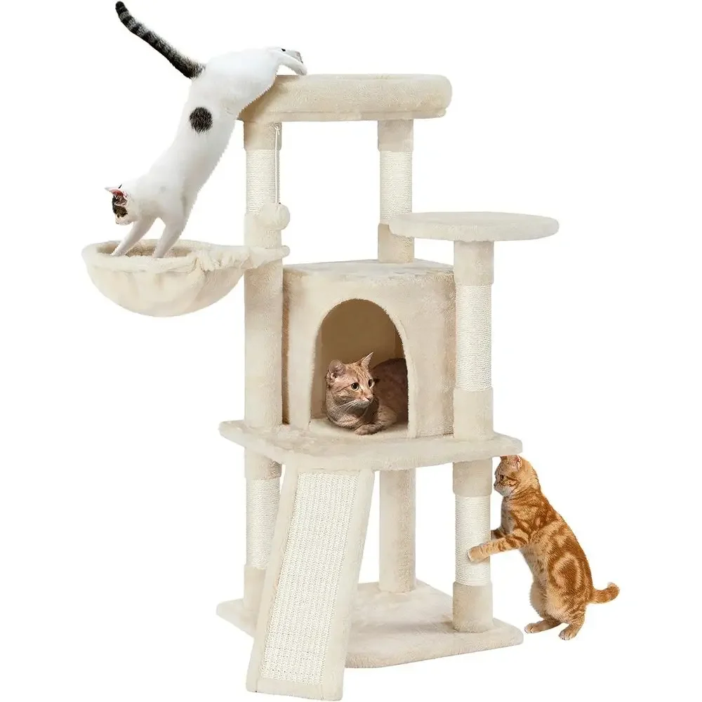 

42-дюймовая игровая башня для кошек с большой лежанкой, когтеточками, уютным домиком и центром активностей, бежевого цвета. Ограниченное предложение.