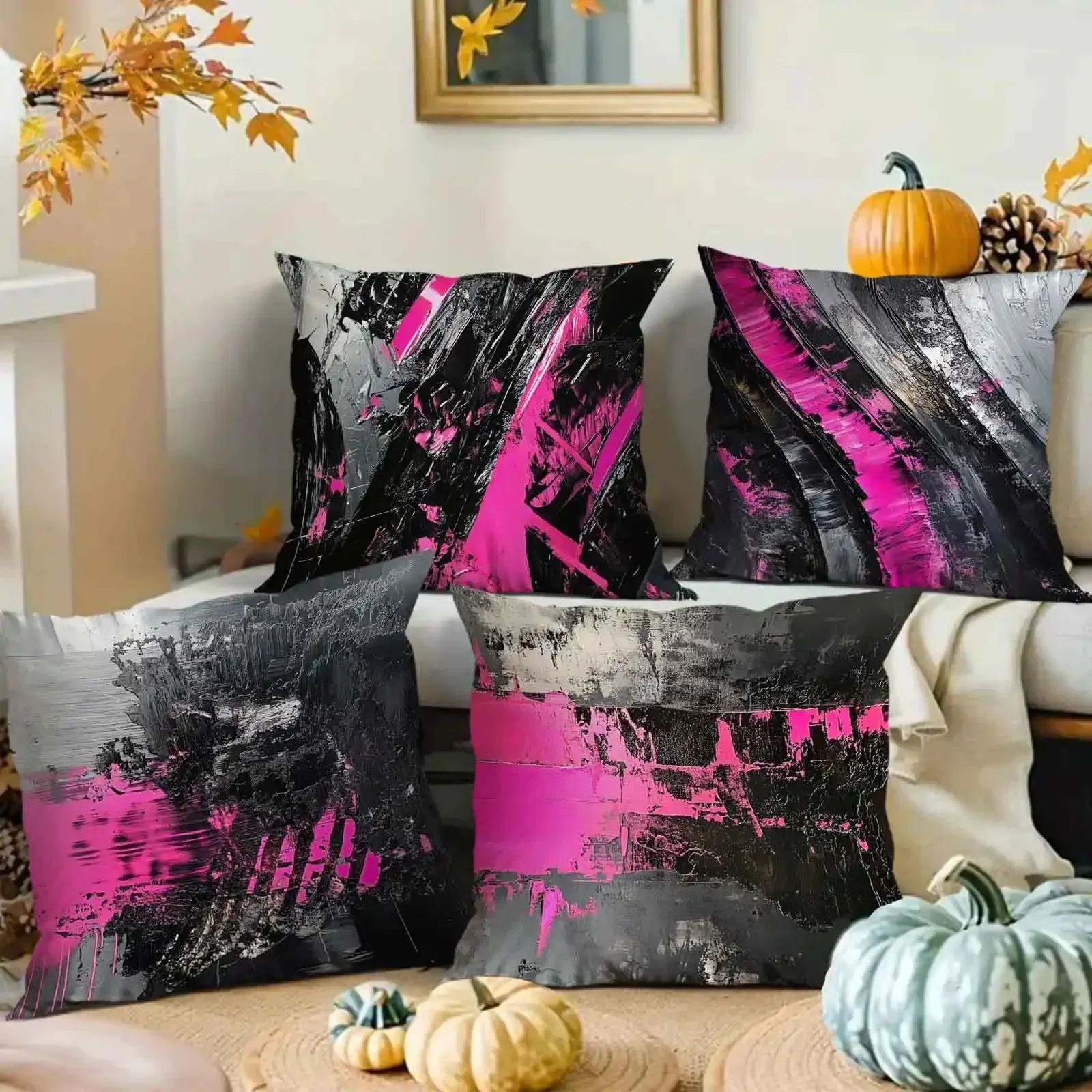 Set of 4 Throw Pillow Covers with Abstract Black, Pink, and Gray Splatter Design for Living Room Decor