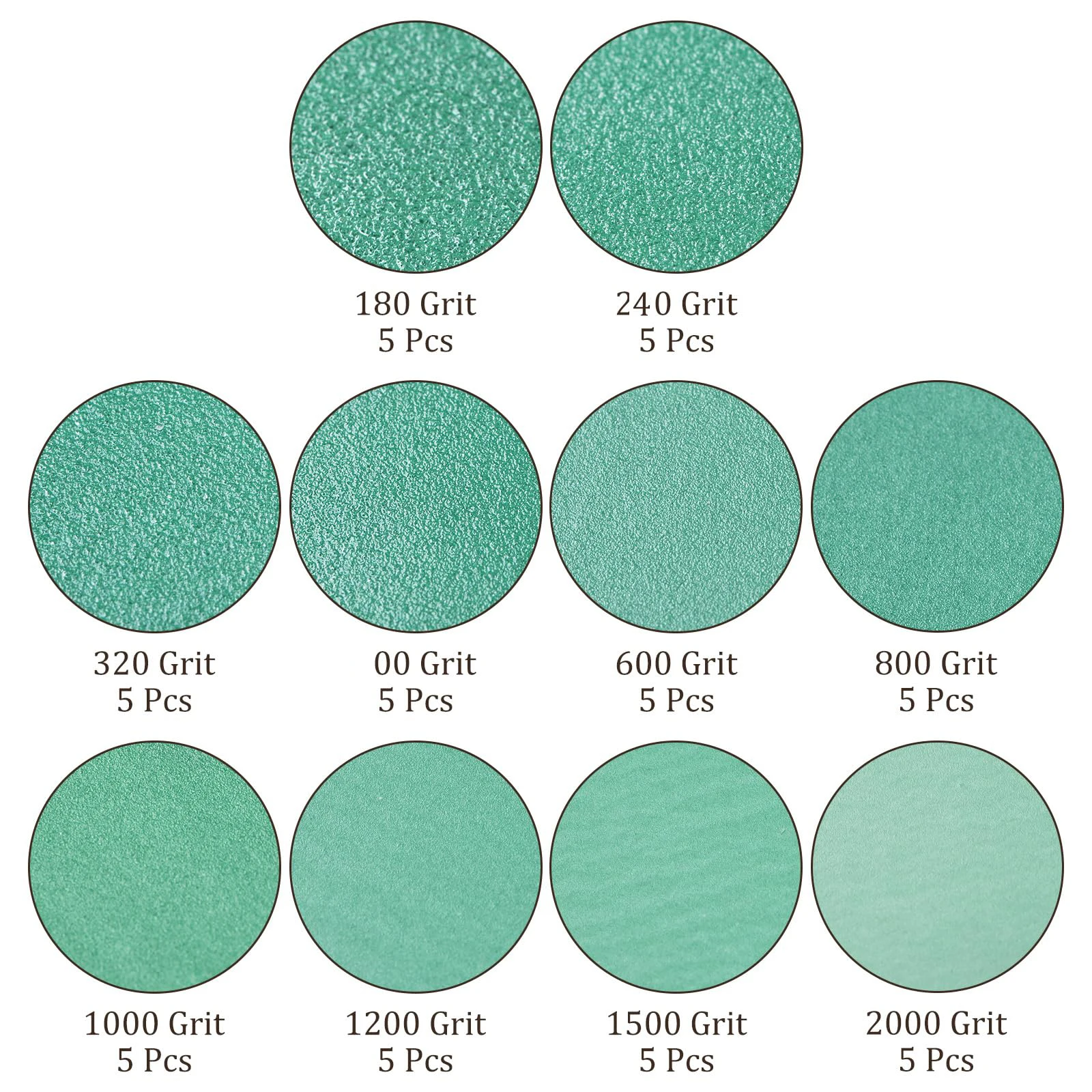 6 Inch 6Holes Green Film Sanding Discs 50pcs Assorted 180/220/320/400/600/800/1000/1200/1500/2000 Grits for Wood Metal Polishing