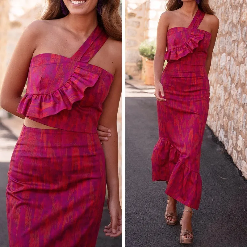 

Stylish Tie-Dye Asymmetrical Shoulder Ruffle Skirt Sexy Halter Backless Top New Chic Elegant High-Waisted Pleated Mid-Calf Skirt