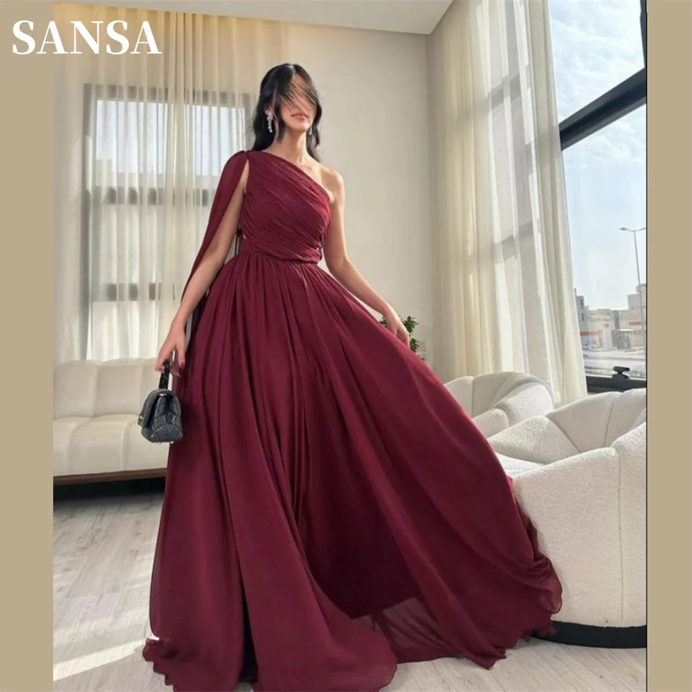 

Sansa Elegant Burgundy فساتين السهرة Glaring One Sleeve A-line Vestidos De Noche Sexy Pleats Chiffon Floor Lenght Prom Dress