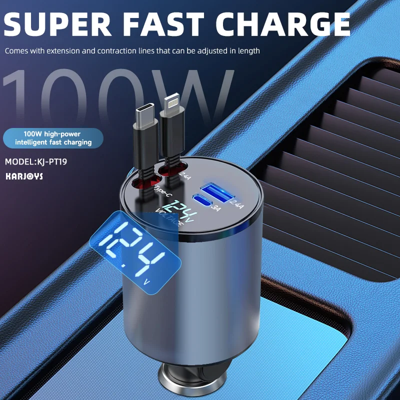 

New Round Retractable Car Charger with 2 ports 100w mini car charger fast delivery