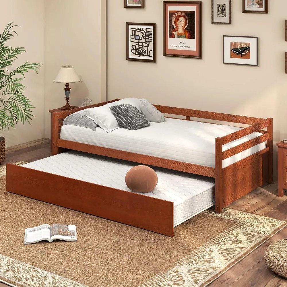 Twin Daybed with Trundle, Wood Trundle Bed with Wood Slat Support, Mid Century Day Bed Frame for Living Room Guest Room