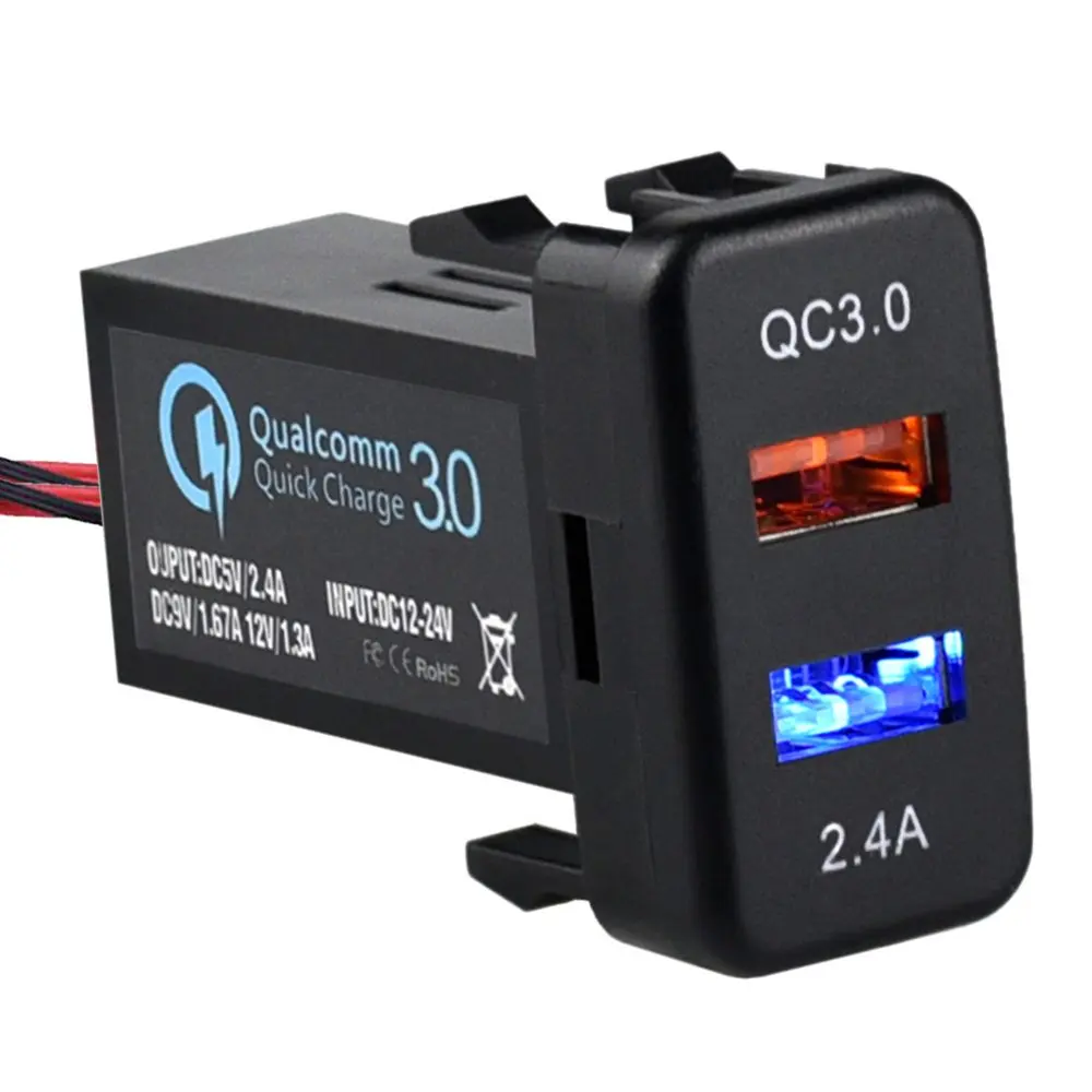 Dual USB Port Charger Socket Quick Charge 3.0 & 2.4A for Toyota (1.57 x 0.87