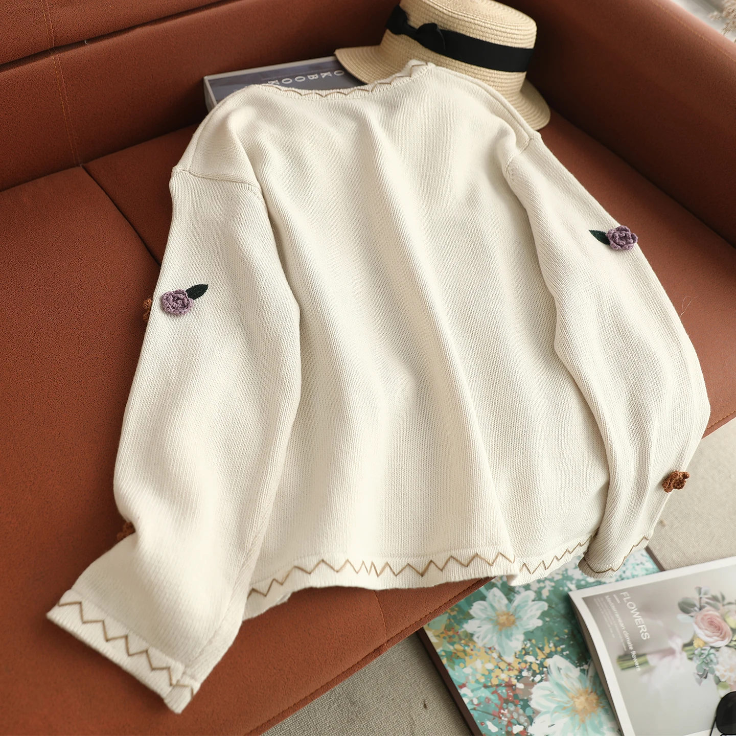 Japanse Zoete Mori Meisje 3D Bloem Applicaties Gebreid Vest Vrouwen Lente Herfst O-hals Lange Mouw Casual Losse Trui Jassen