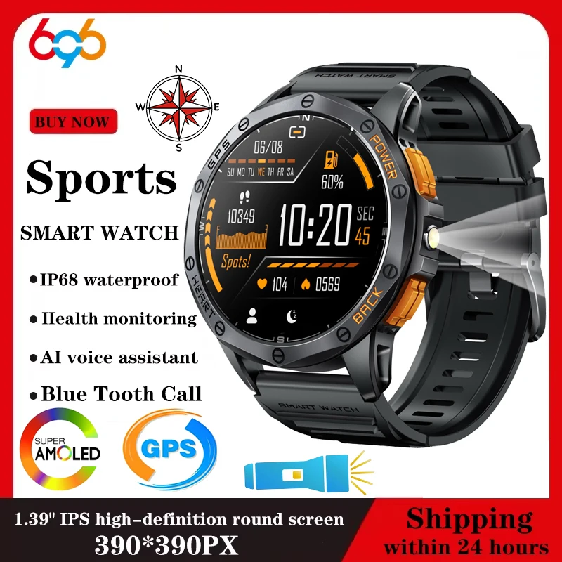 

696 New Outdoors Smartwatch Sports AMOLED Screen Blue Tooth Call Smart Watch GPS Heart Rate Waterproof Flashlight Men Watches