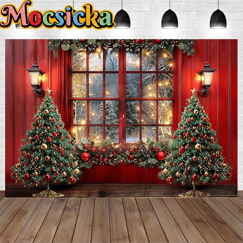 3D Christmas Room Photography Background Red Xmas Tree Lantern Window Backdrop Winter Family Photo Studio Wood Wall Decor Prop