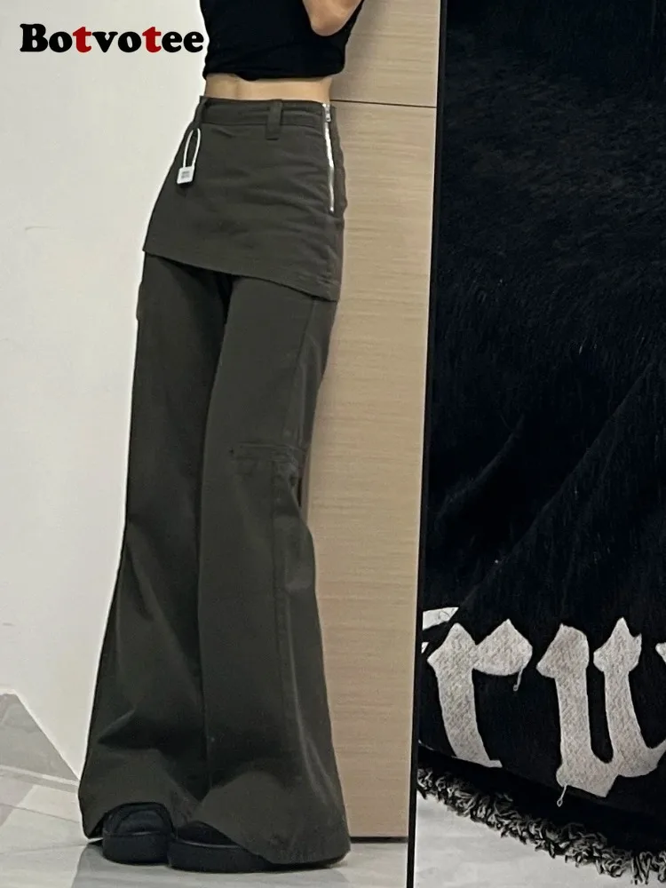 Botvotee Fake Two-Piece Plus size Wide Leg Jeans for Women 2025 New Y2k Fashion Streetwear High Waisted Flare Denim Pants - Image 2