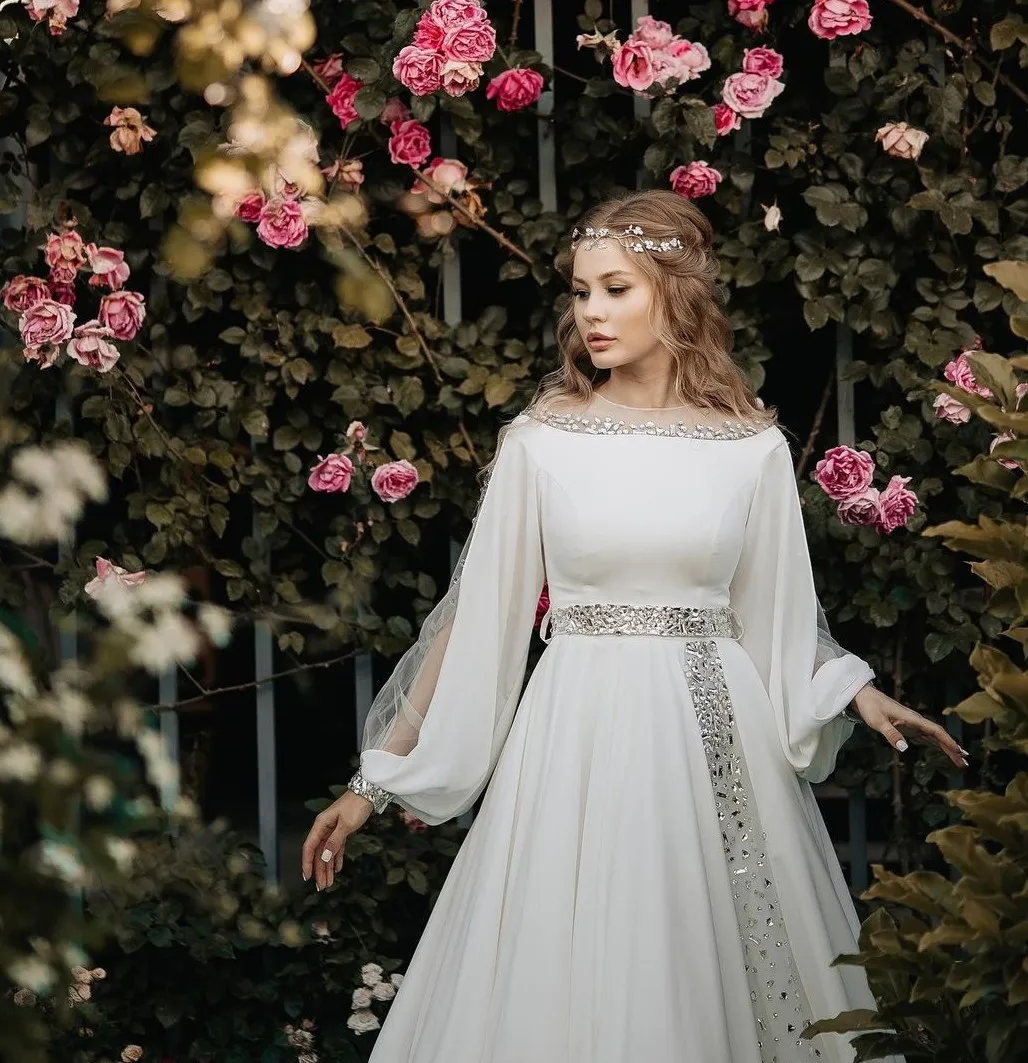 Vestido De novia árabe De Dubái, cuello De ilusión, Stons De cristal, manga larga, Vestidos De novia De gasa