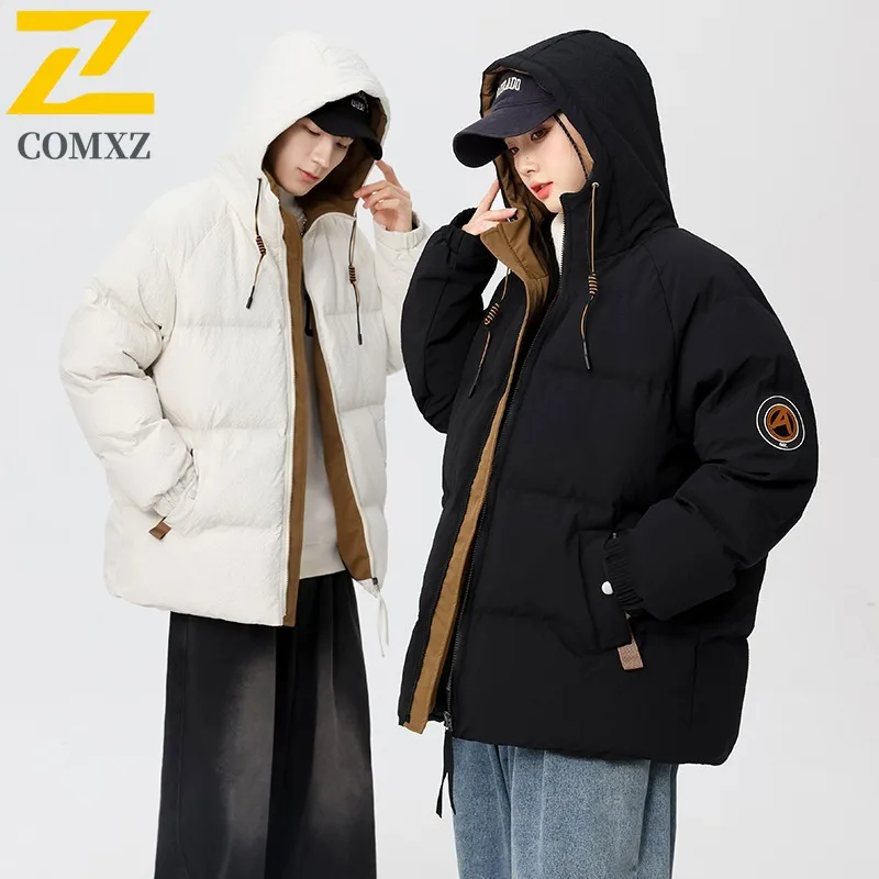 COMXZ 2025 New Autumn Winter Men Cotton Coat Casual Padded Jacket Quilted Parka Hooded Couple Outerwear lightweight windbreaker