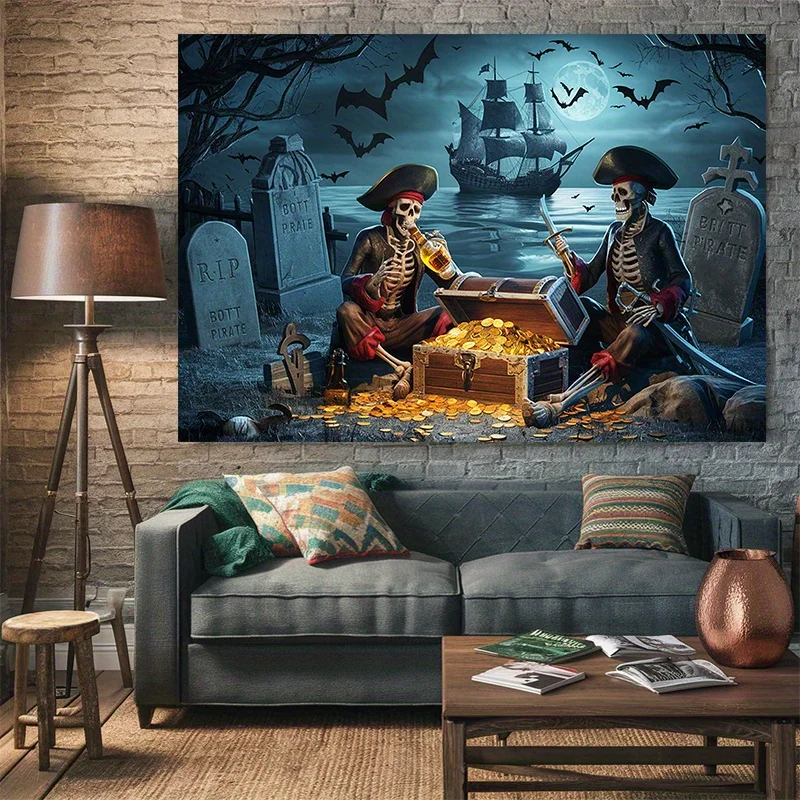 1pc Halloween Double Skull Pirate Chest Shipwreck Moonnight Tapestry Tombstone Bat Seaside Ghost Sailing Party Decoration