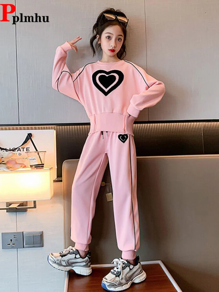 Casual Girls Jogging Ensemble Love Print O Neck Tops + Elastic Waist Children Sweatpants Conjunto Spring Fall Kids Tracksuit Set