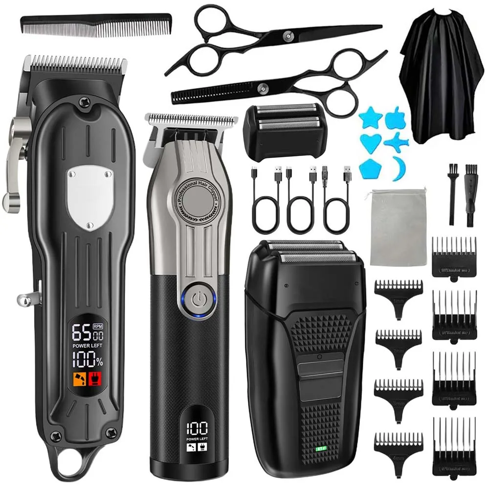 Professional Hair Clipper Set for Men, Cordless Haircut Kit with LED Display, 3-in-1/2-in-1/1pc  rechargeable Hair Clipper & T-Blade Trimmer & electric shaver, Barber Zero-Gapped Detailer, DIY Grooming Tools with Scissors, Combs & Cape