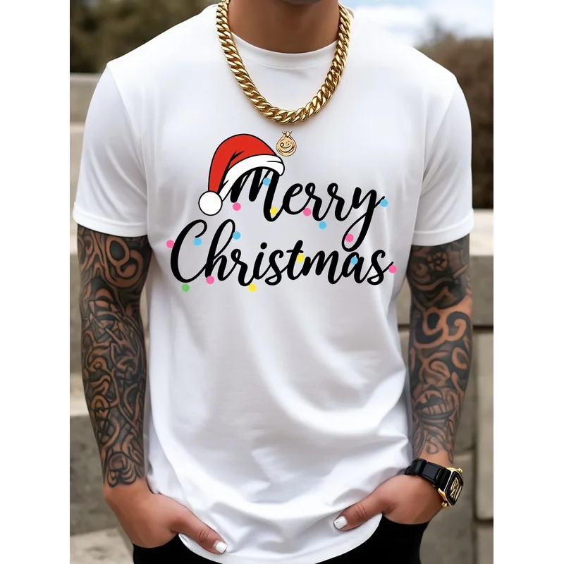 Men's T-shirt, Fun 'Merry Christmas_1 Printed T-shirt, Suitable for Christmas Parties and Everyday Casual Wear