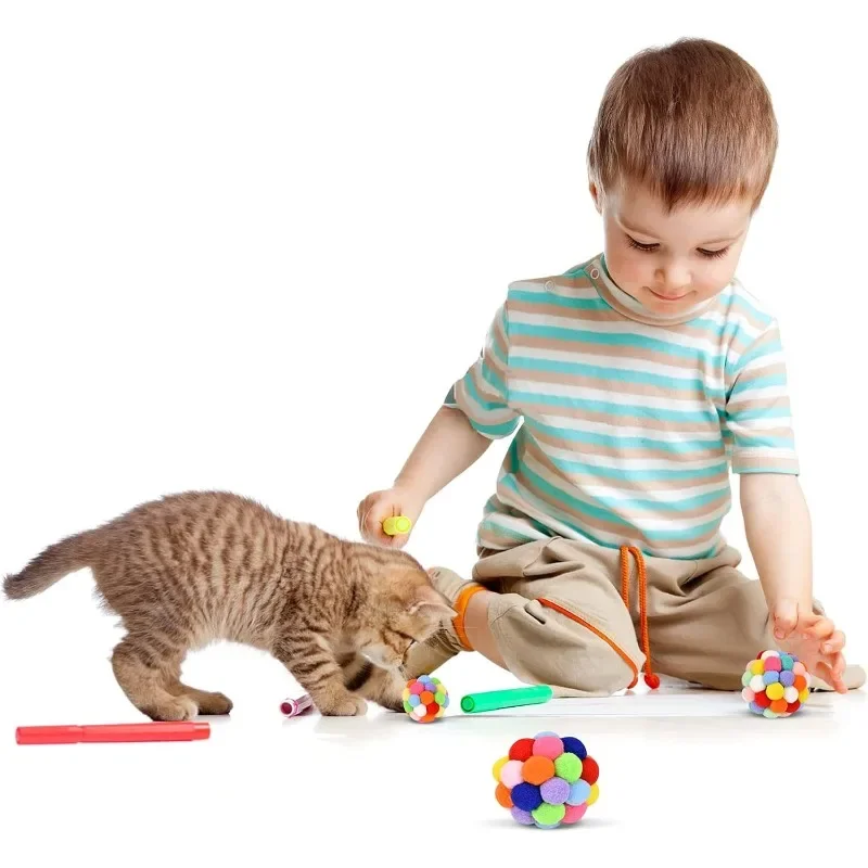 Cat Toy Balls Cat Plush Ball Toy Colorful Soft Fuzzy Balls Interactive Playing Chewing Toys Pet Elastic Bell Ball for Indoor Cat