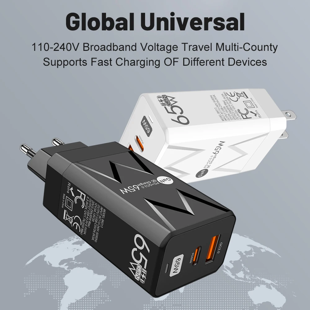 PD 65W GaN Charger for Ipad Laptop USB Type C Super Fast Charging QC3.0 Adapter Notebook Tablet PC for Macbook Huawei Matebook