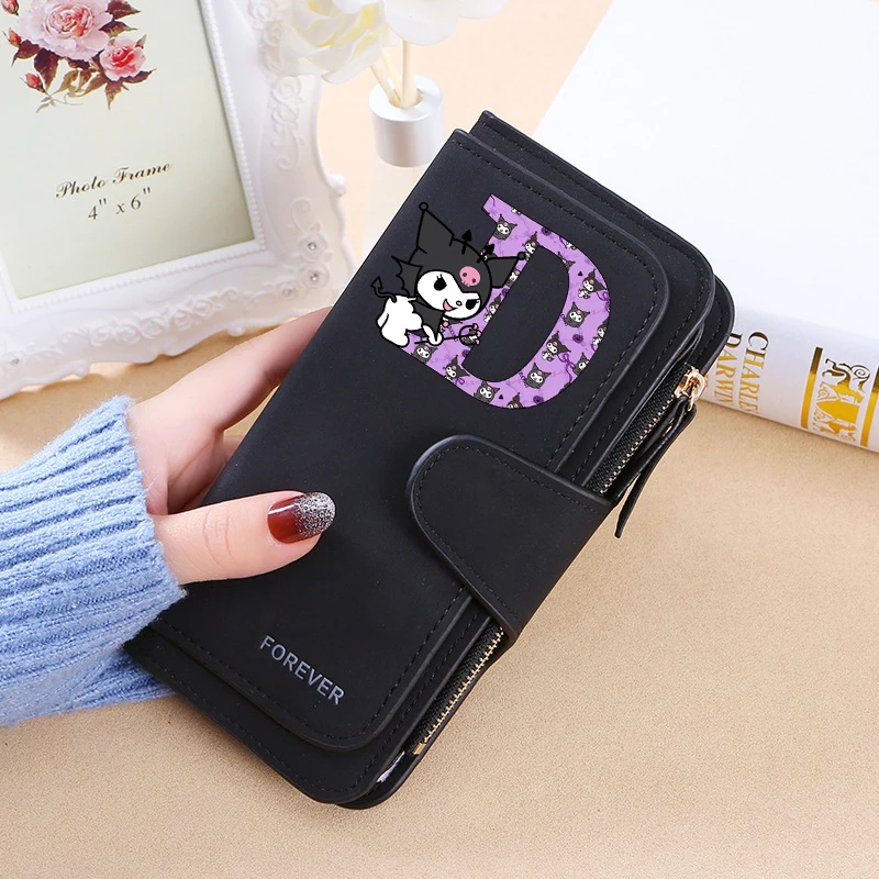 Sanrio Kuromi Women's Wallet Letter A-Z Printed Long Female Purses Coin Purse Card Holder Fashion Y2K Buckle Minimalist Wallets