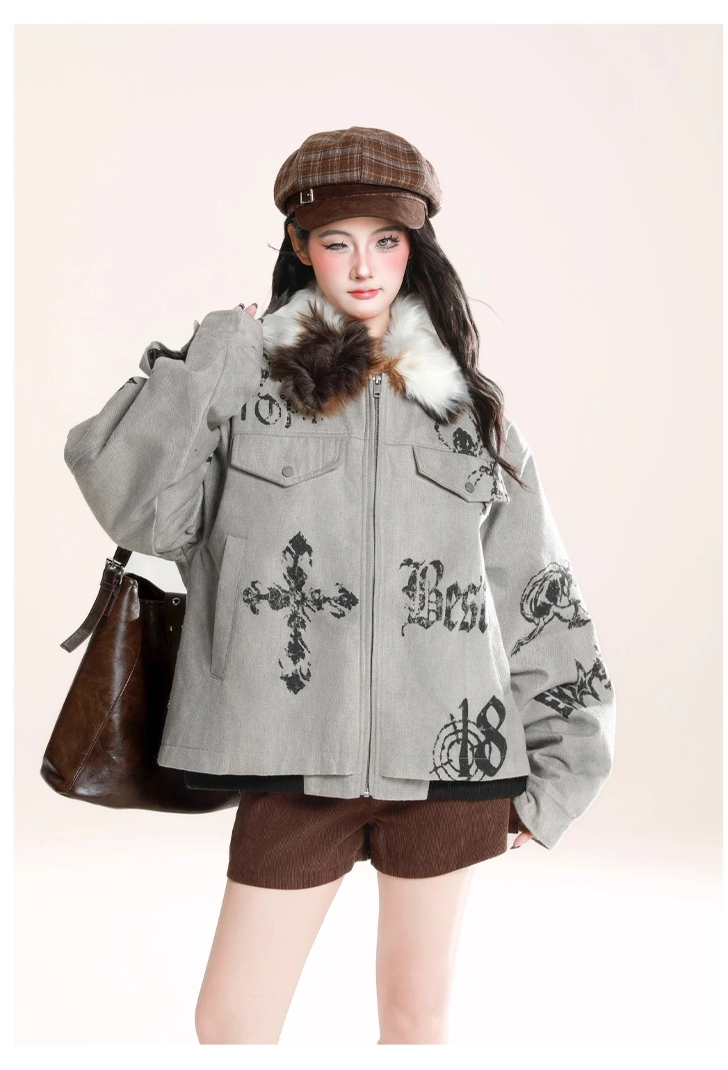 خريف شتاء جديد الأمريكية الرجعية المرأة الشرير القوطية طباعة فضفاضة عادية الأصفر الفراء طوق وسادة مبطنة السراويل البني #2