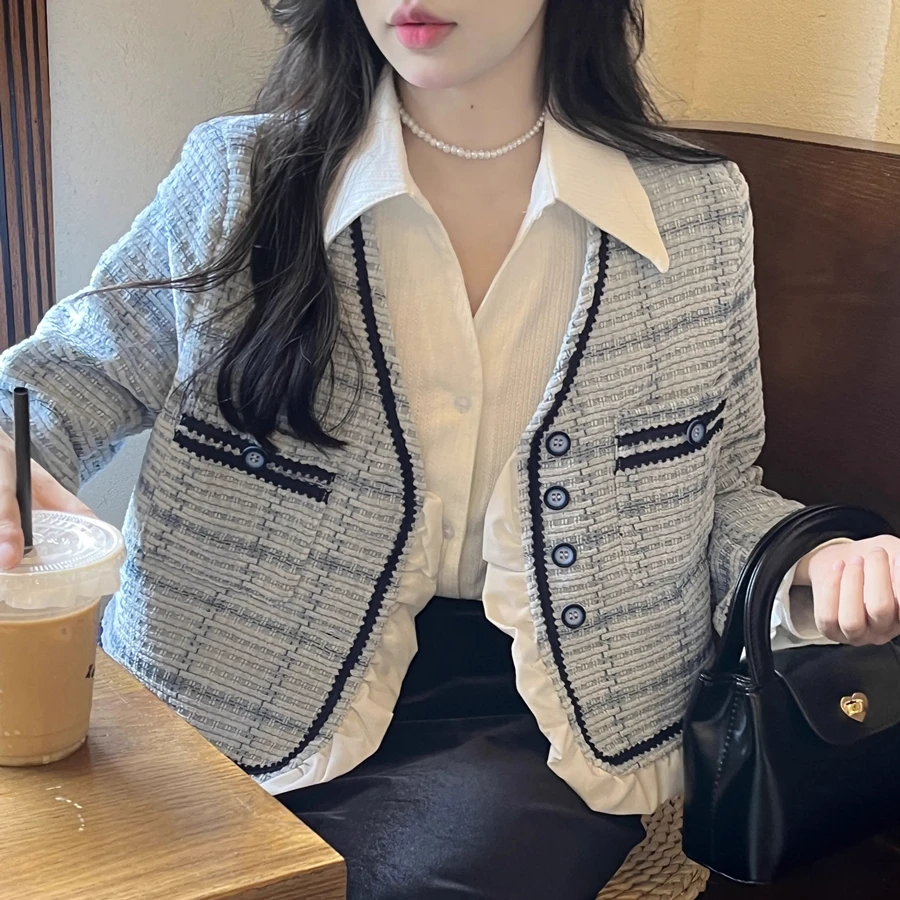 Vintage V-neck Tweed Jacket Autumn Winter Sky Blue Short Coat Lace Ruffles V-neck Outerwear Sweet Girls Fashion Lady Korean 2023