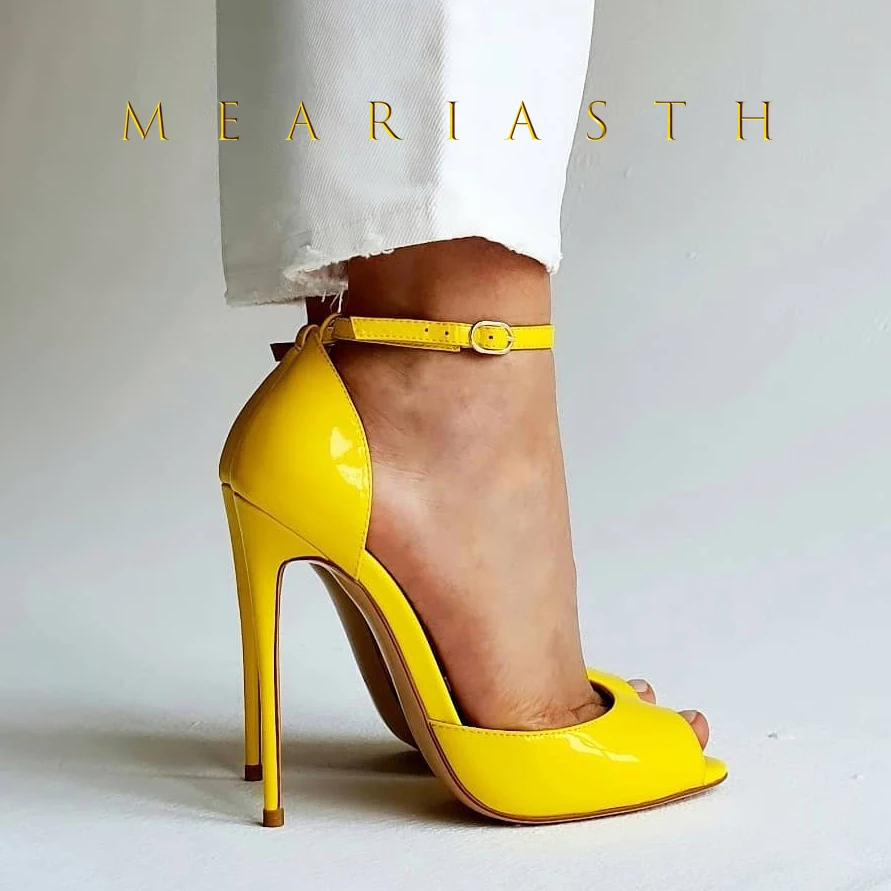 

2025 Yellow Patent Leather Pumps Emeline Dubois Peep Toe Stiletto Heels Shoes Red Grey Ankle Straps High Heels Party Dress Shoes