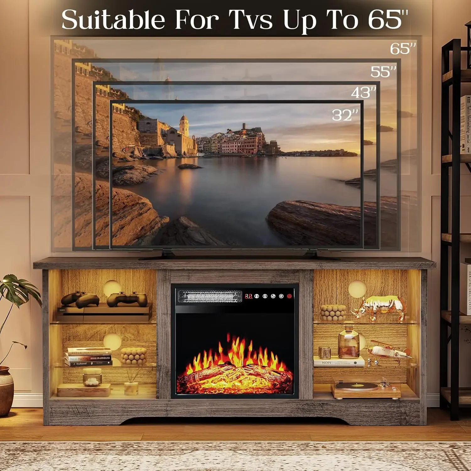 حامل تلفزيون مدفأة مقاس 58 بوصة لأجهزة التلفاز حتى 65 بوصة مع مدفأة كهربائية وجهاز تحكم عن بعد مقاس 18 بوصة، ترفيه خشبي حديث