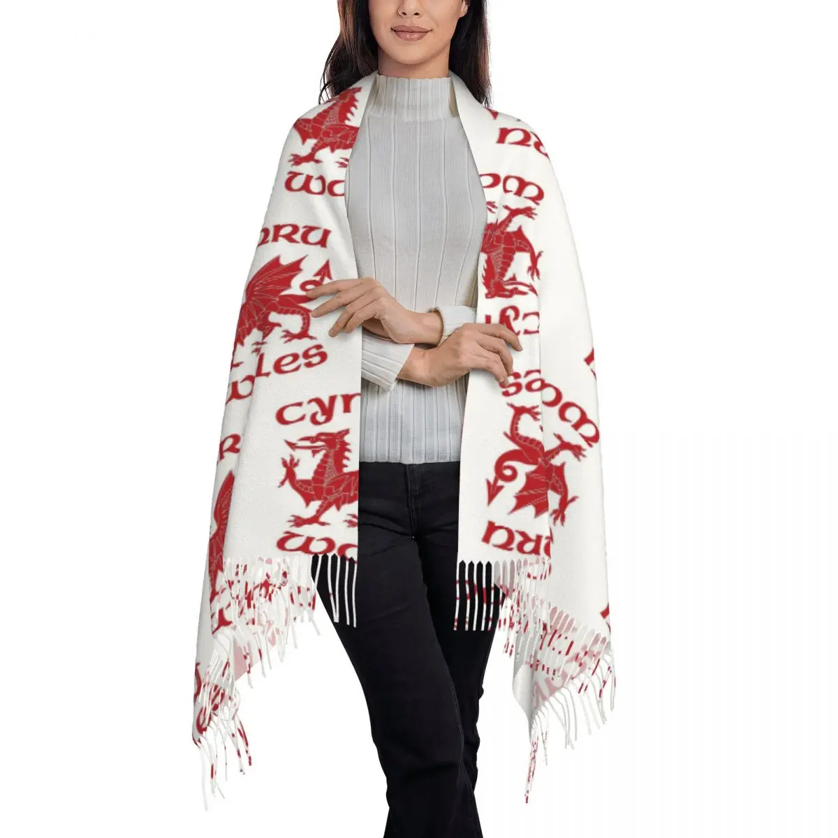 Red Dragon Wales Cymru Flag Scarf Tassel Scarves Women Soft Warm Shawls and Wraps Long Fall Winter Shawl Wrap