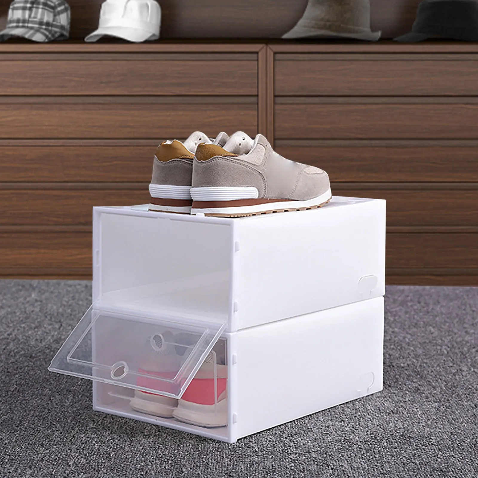 Foldable Clear Shoes Storage Box Plastic Stackable Shoe Organizer