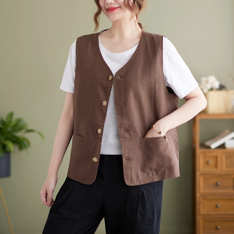 

Women's Cotton Linen Vest Summer Thin Svel Loose Casual Top Button Design V-ne Single ket Regular Length Outerwear