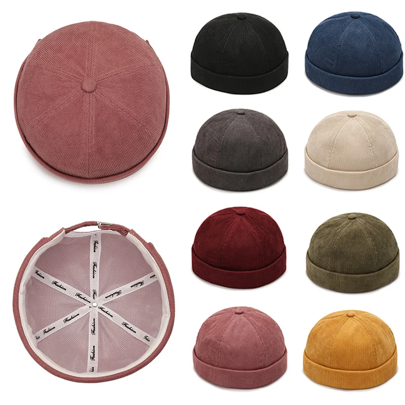 Cappelli a cuffia in velluto a coste autunno inverno Cappello da padrone di casa tinta unita Streetwear Cappello senza tesa Hip Hop Berretto Docker regolabile all'ingrosso