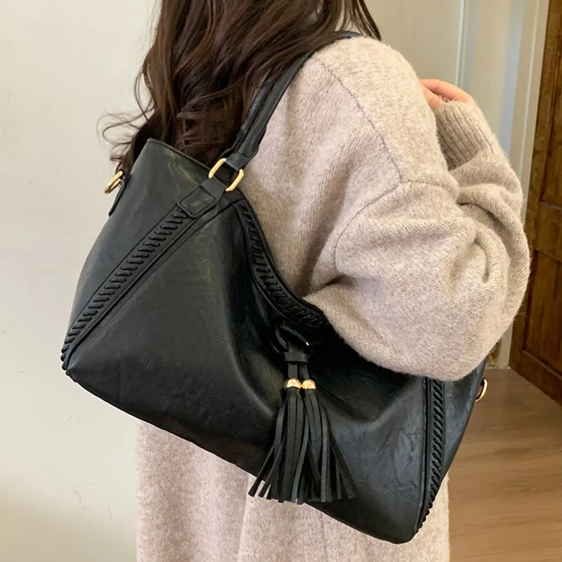 المرأة ريترو شرابة حمل حقيبة الأمريكية عادية موضة حقائب اليد سعة كبيرة الخريف الشتاء بولي Leather الجلود تخفيف حقائب كروسبودي #6