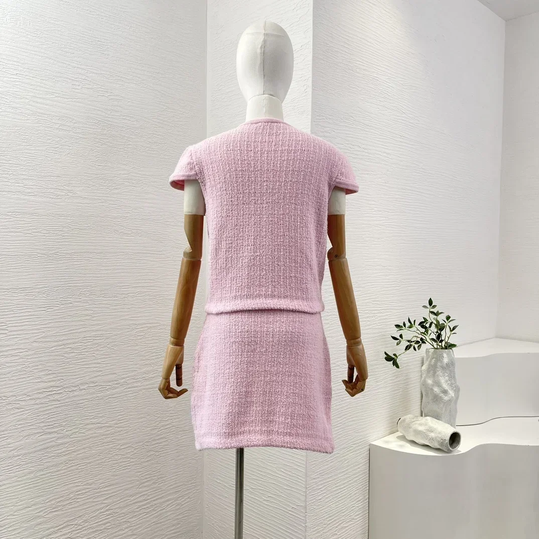 Women's Pink Short Sleeve Knit Blouse Tops and Skirt Set Front Buttons Closure High Quality 2024 Summer New