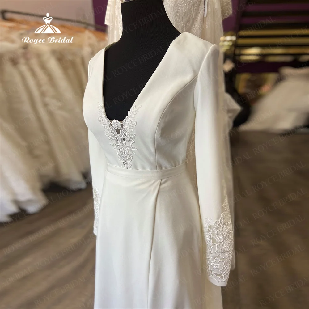 Roycebridal-Robe de Mariée en Satin à Col en V, Tenue de Plage, Longueur au Sol, Manches sulf, Ligne A, Style Boho, pour Patients, Personnalisée