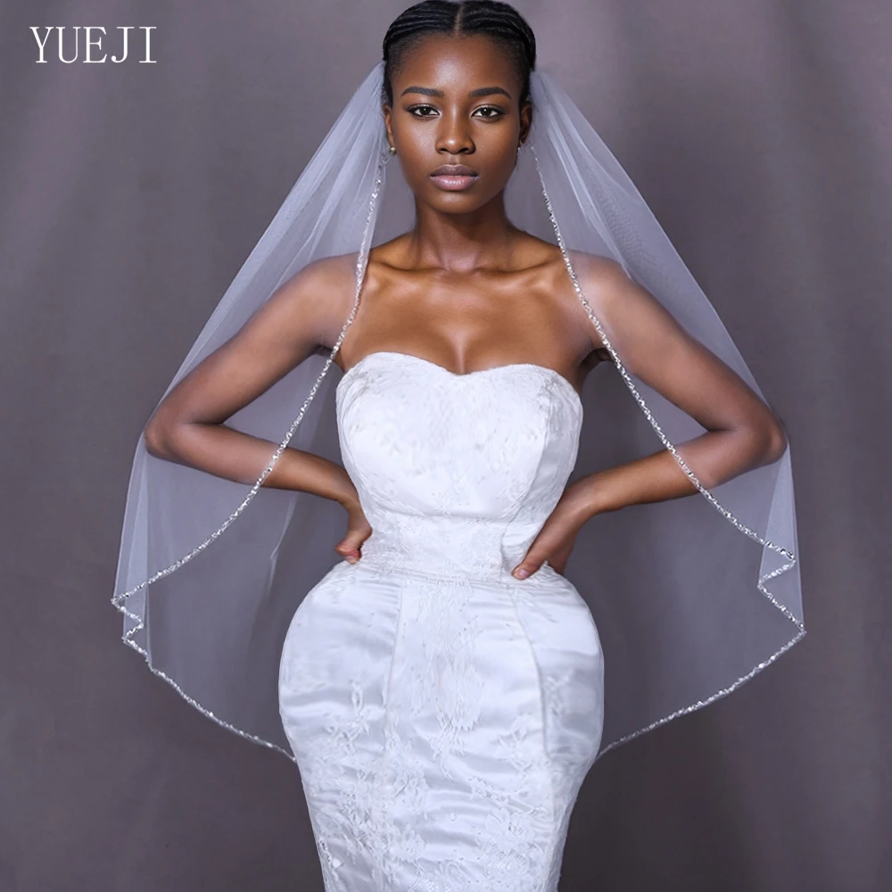 

YUEJI Single Layer Elegant Crystal Edge Veil Soft White Tulle Fingertip Cathedral Wedding Veil With Crystals YJ155 With Comb